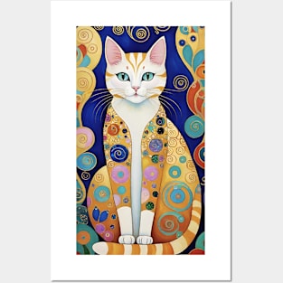 Gustav Klimt's Whimsical Feline: Colorful Cat Illustration Posters and Art